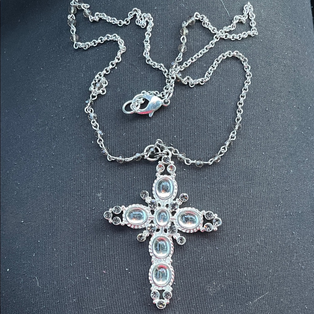 Silver, Gray & Clear Stone Chain Cross Pendant Necklace 27 1/2”